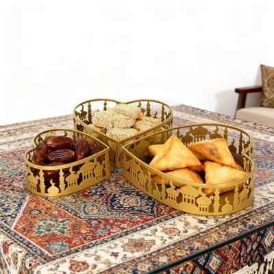 3Pcs Elegant Ramadan Decorative Tray Heart Shaped Gold Color Eid Candy Dish Castle Design Large Capacity Islamic Serving Plate
