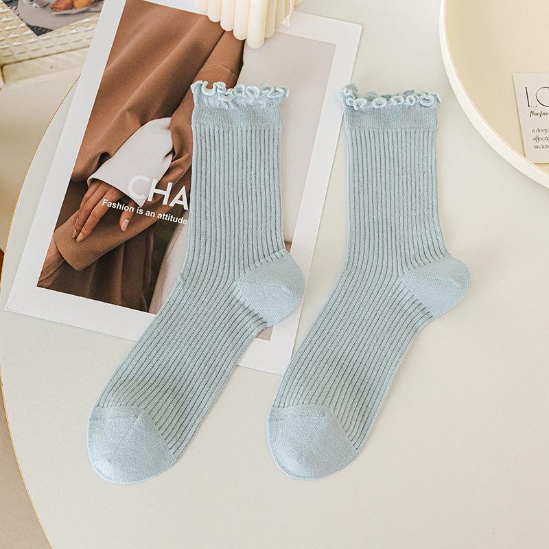 Ladies Summer Thin Wooden Ear Side Lovely Lace Vertical Bar Mesh Breathable Mid Tube Stack Socks