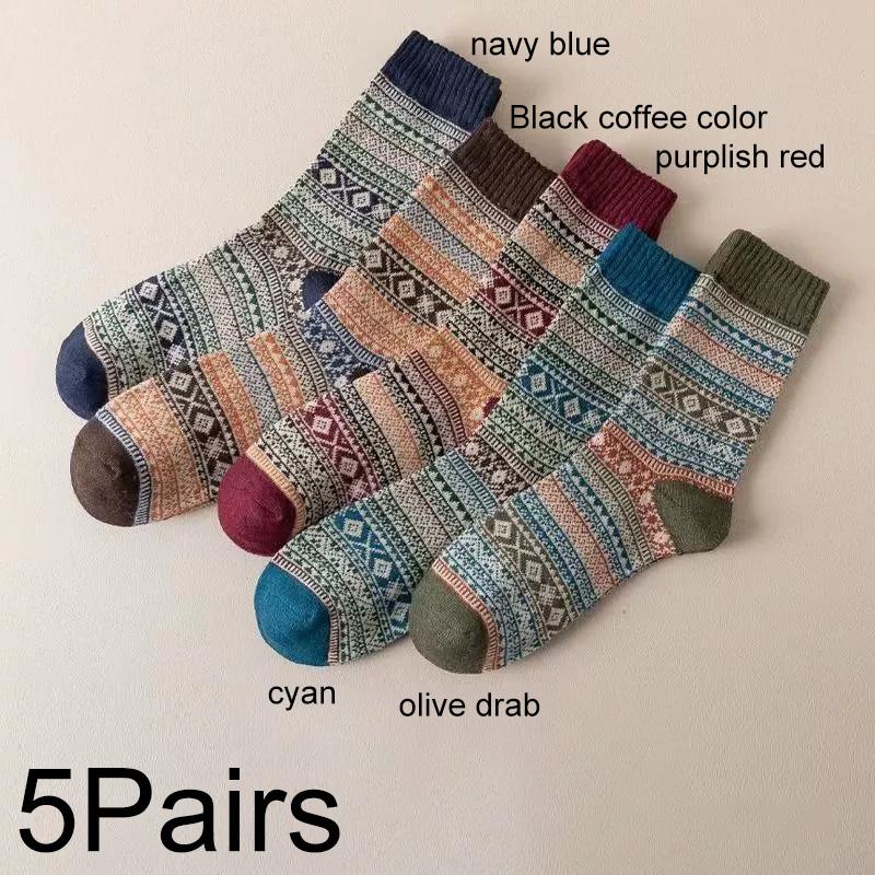 1/5 Pairs Casual Socks EU Size 38-43 Retro Pattern Autumn/Winter Round Neck Socks Ethnic Style Women Comfortable