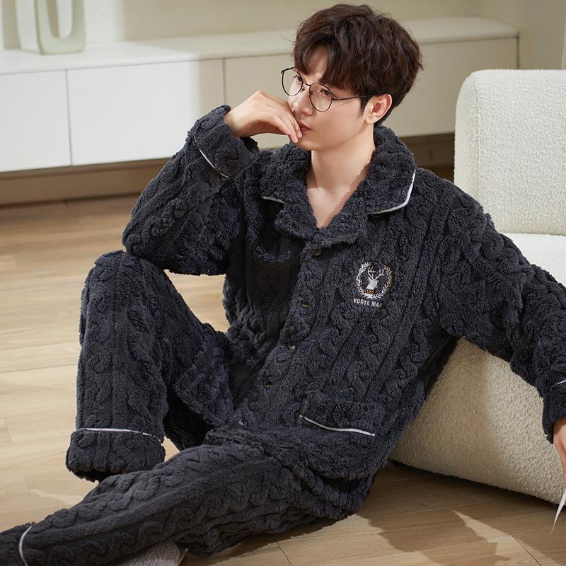 Herren Plüsch Dick Pyjama Set für Herbst/Winter – Warme Haus- & Outdoor-Bekleidung, Übergrößen verfügbar