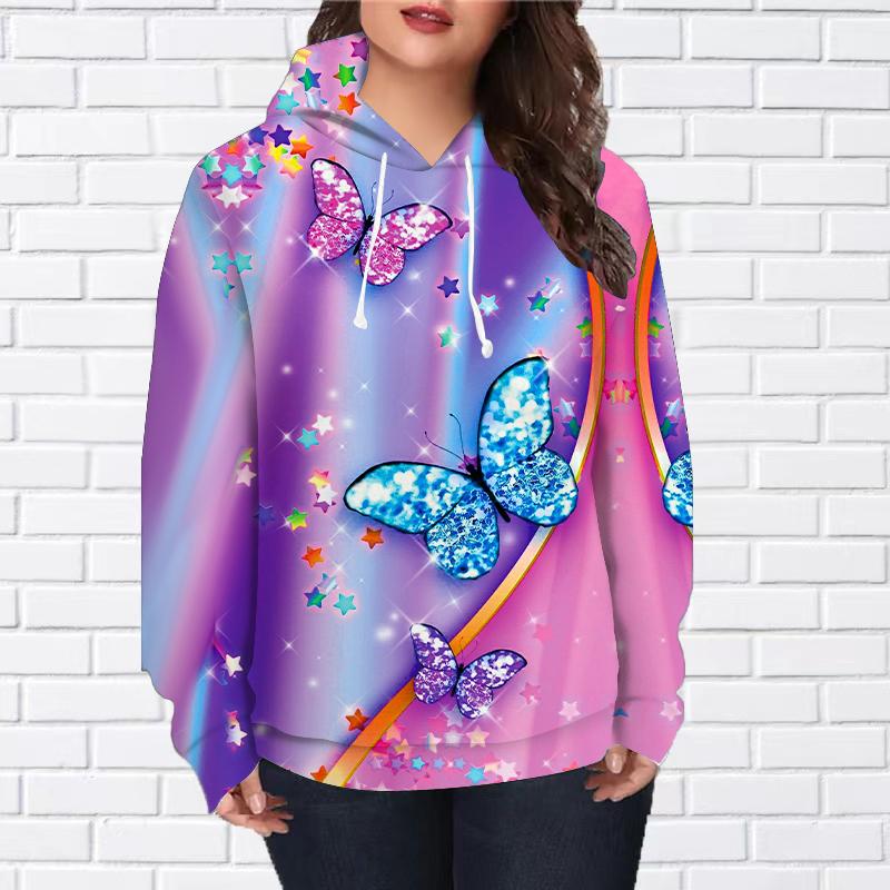 Damenmode Rosa Kristall Schmetterlingsdruck Lockerer Hoodie Tops Bluse Sweatshirt Lässig Langarm Pullover Tops