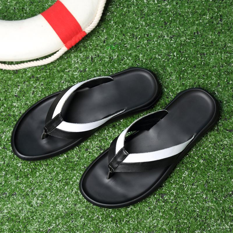 New Men'S Black Leather Flip Flops Thick Sole Non-Slip Casual Slides Summer Beach Comfortable Anti-Slip Walking Sandals For Men