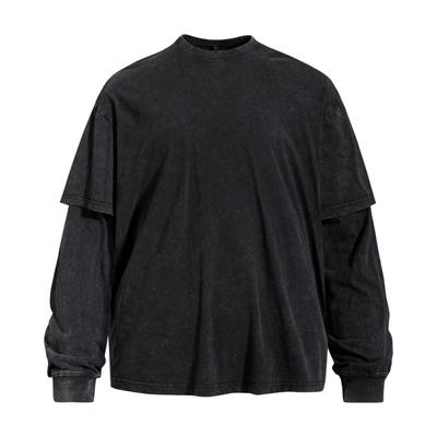 Mens Oversized Long Sleeve T-Shirt Fake Two-Piece Design Solid Color Casual Streetwear