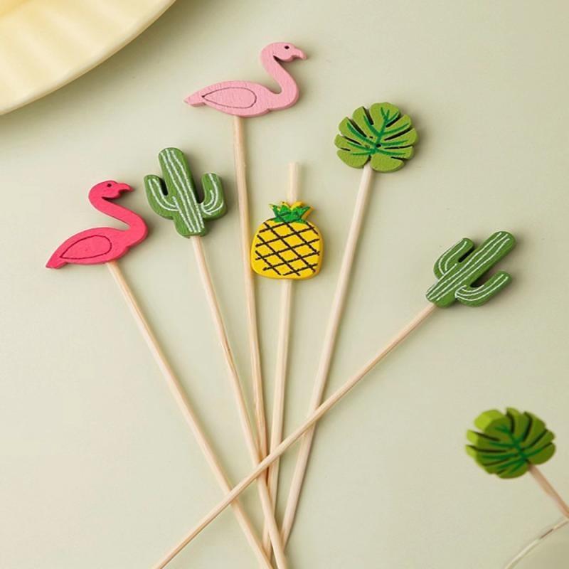 20pcs/set Hawaii Theme Fruit Sticks Flamingo Fruit Disposable Bamboo Sticks Summer Beach Party Supplies Hawaii Birthday Decors