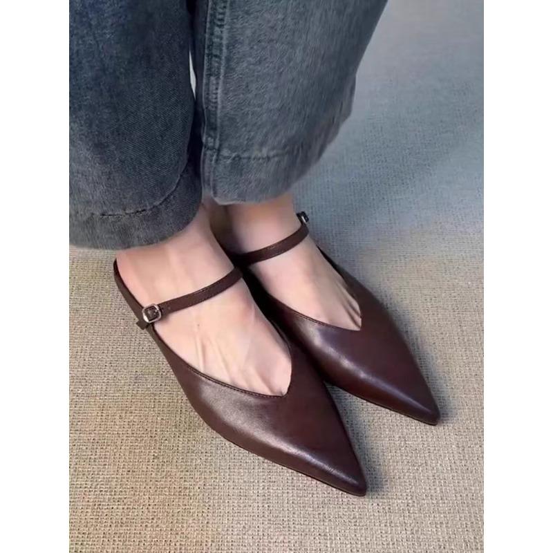 Fashion 2025 New Style Pointed-toe Thick-soled Toe Half-slipper French One-button Strap Fashionable Shallow Mouth Muller Shoes