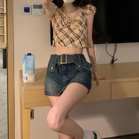 Women High Waist Slim Fit Denim Skort with Belt Solid Color Pockets Ultra-mini Skirt Fashion Accessories