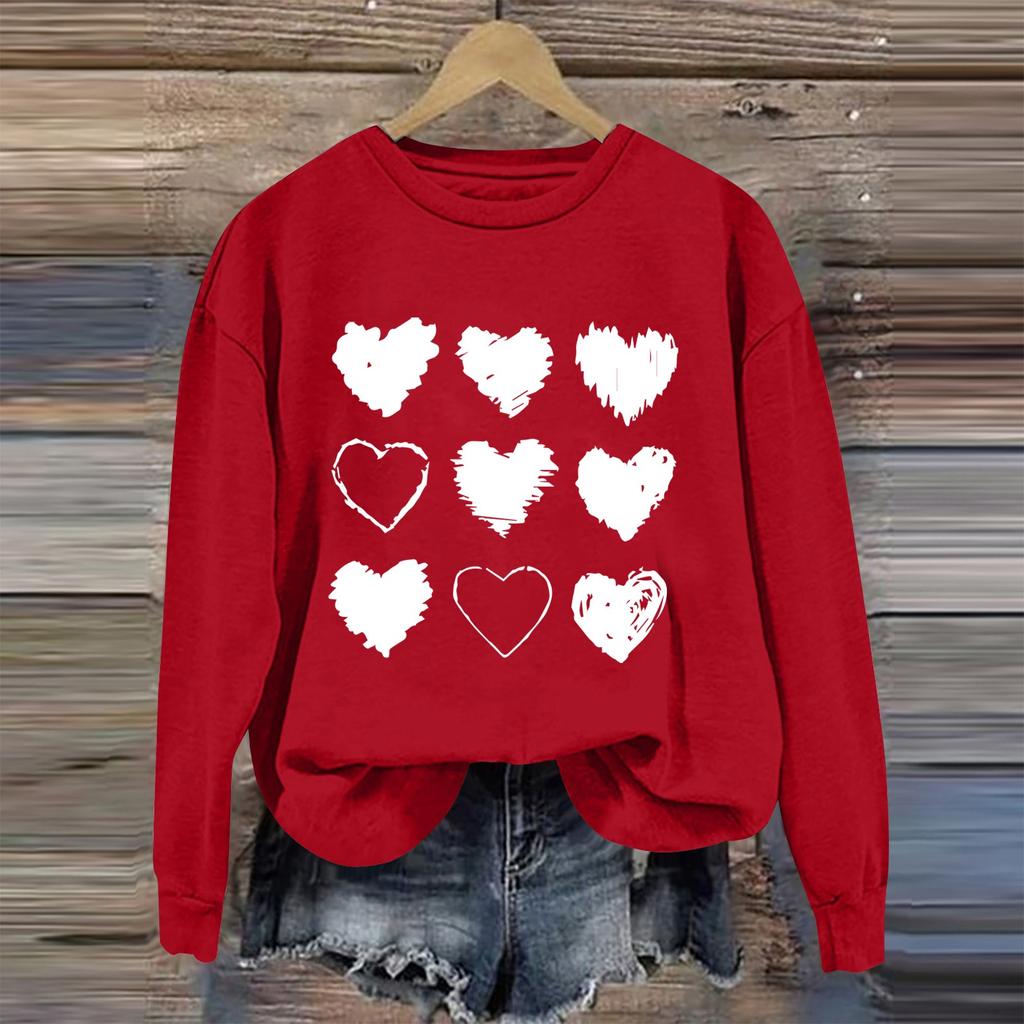 Damen Casual Fashion Valentinstag Print Langarm O-Ausschnitt Sweatshirts Pullover Top