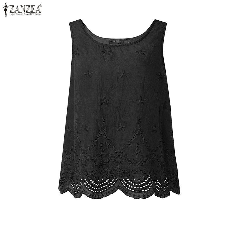 ZANZEA Women Casual Round Neck Loose Sleeveless Lace Crochet Tank Tops
