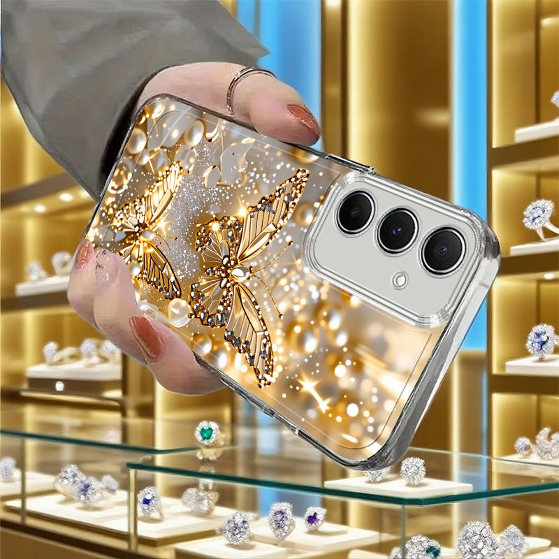 Goldener Schmetterling Diamantmuster Handyhülle für Samsung Galaxy S26 S25 S24 S23 S22 S21 S20 fe/plus/Ultra Anti-Drop Transparent