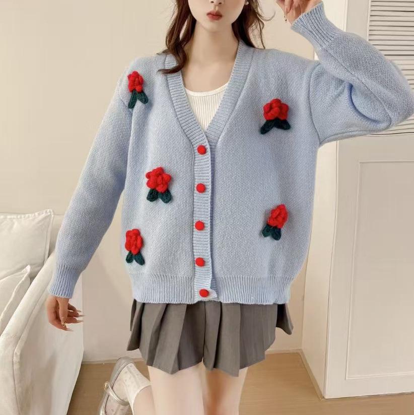 Autumn-Winter Strawberry Flower V-Neck Knit Sweater for Women