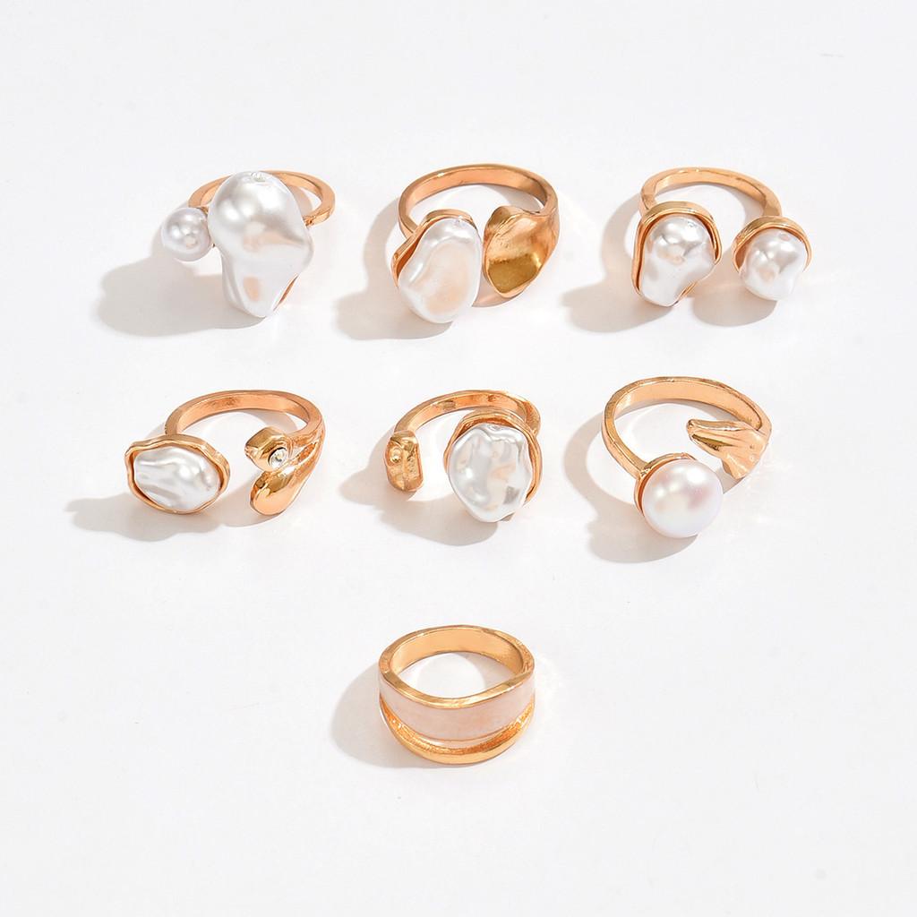 Pearl Ring Set For Women Geometric Vintage Baroque Design With Electroplated Finish For Fashion Jewelry