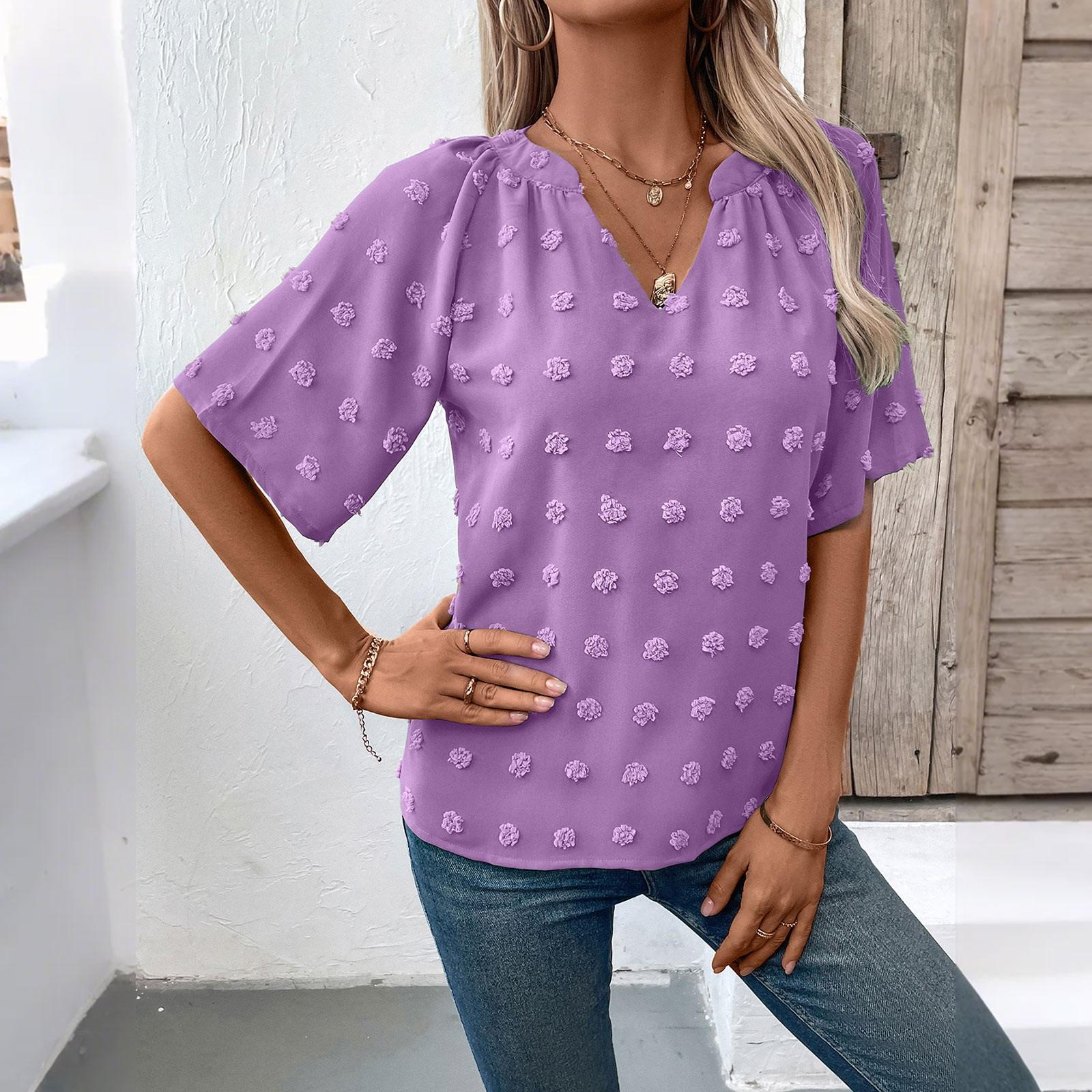 

Женский летний однотонный удобный свободный топ с большим V-образным вырезом и коротким рукавом XL фиолетовый