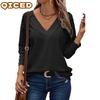 Women's Fashion Casual Solid Color Print Long Sleeve V Neck Blouses & Shirts