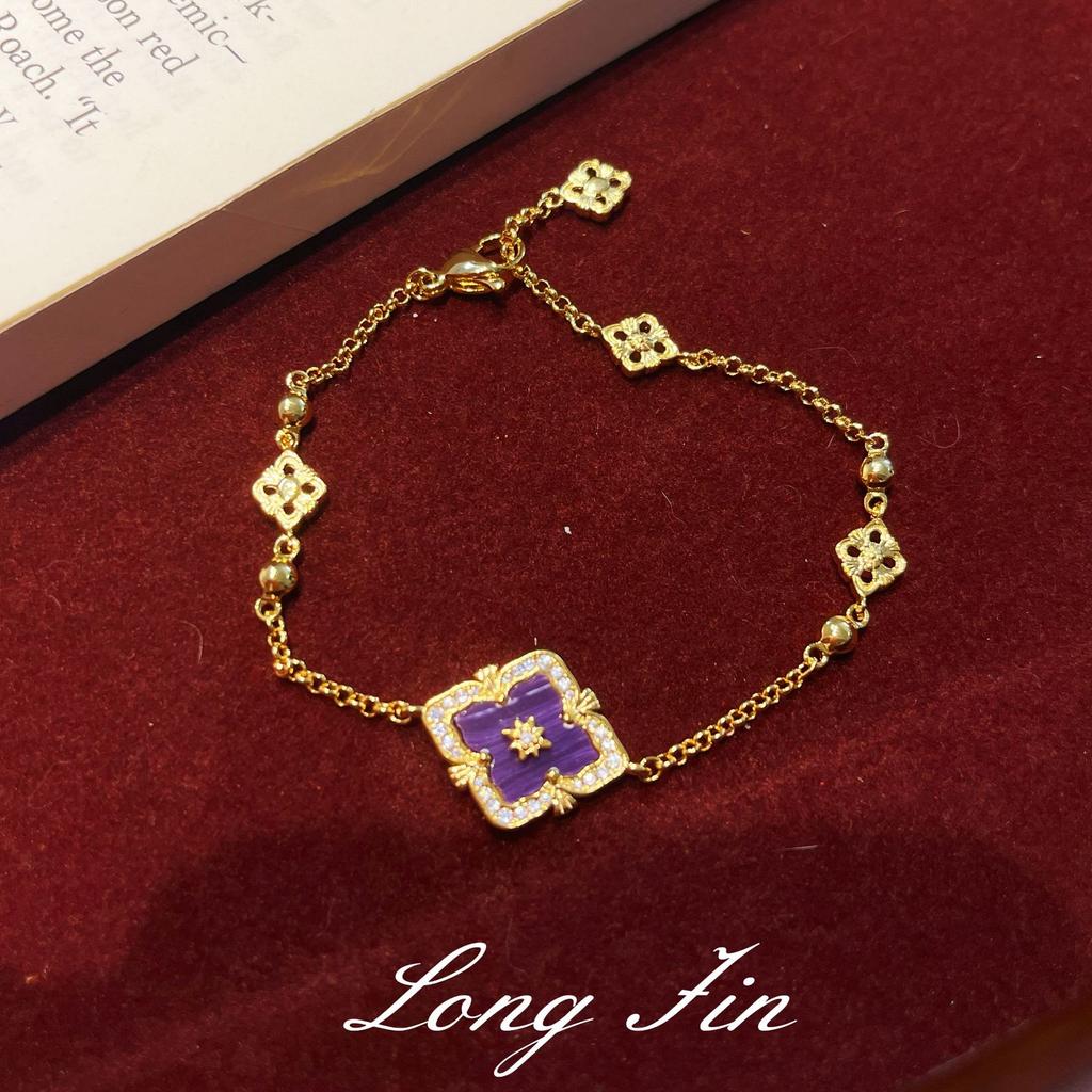 French Retro Four-Leaf Clover Window Grilles, Purple Dragon Crystal Jewelry Set, Necklace, Bracelet, Earrings, And A Ring.