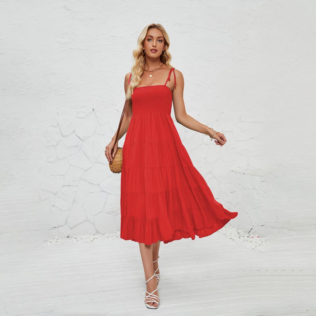 Summer Women's Sleeveless Halter Solid Square Neck Pleated Knee-Length Dress