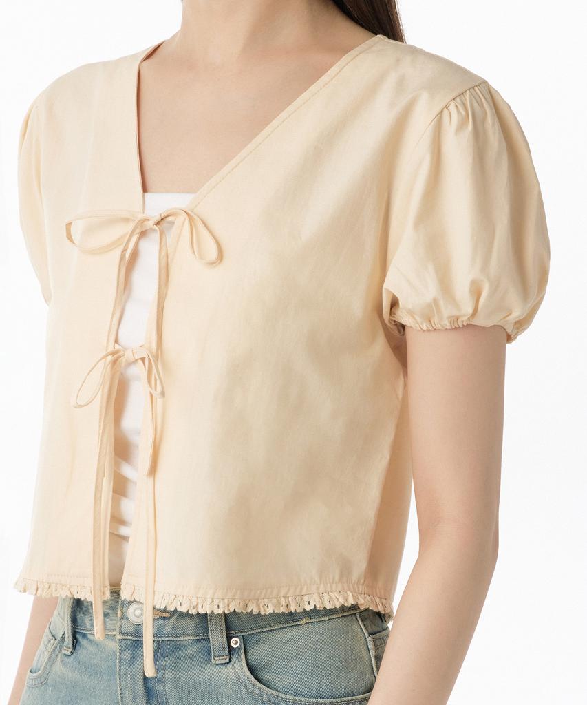 MUSINSA STANDARD DAMEN Damen Baumwoll-Puffärmel-Bindebluse [Butter]
