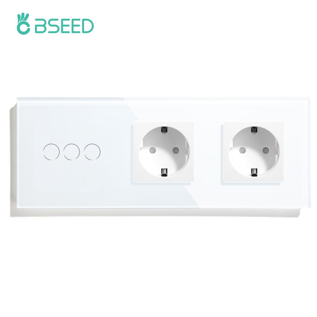 BSEED 1/2/3Gang Touch Light Switch 1/2/3Way Sensor Stair Switches Plus Wall Socket EU Standard Glass Panel Blue Back Light 10A