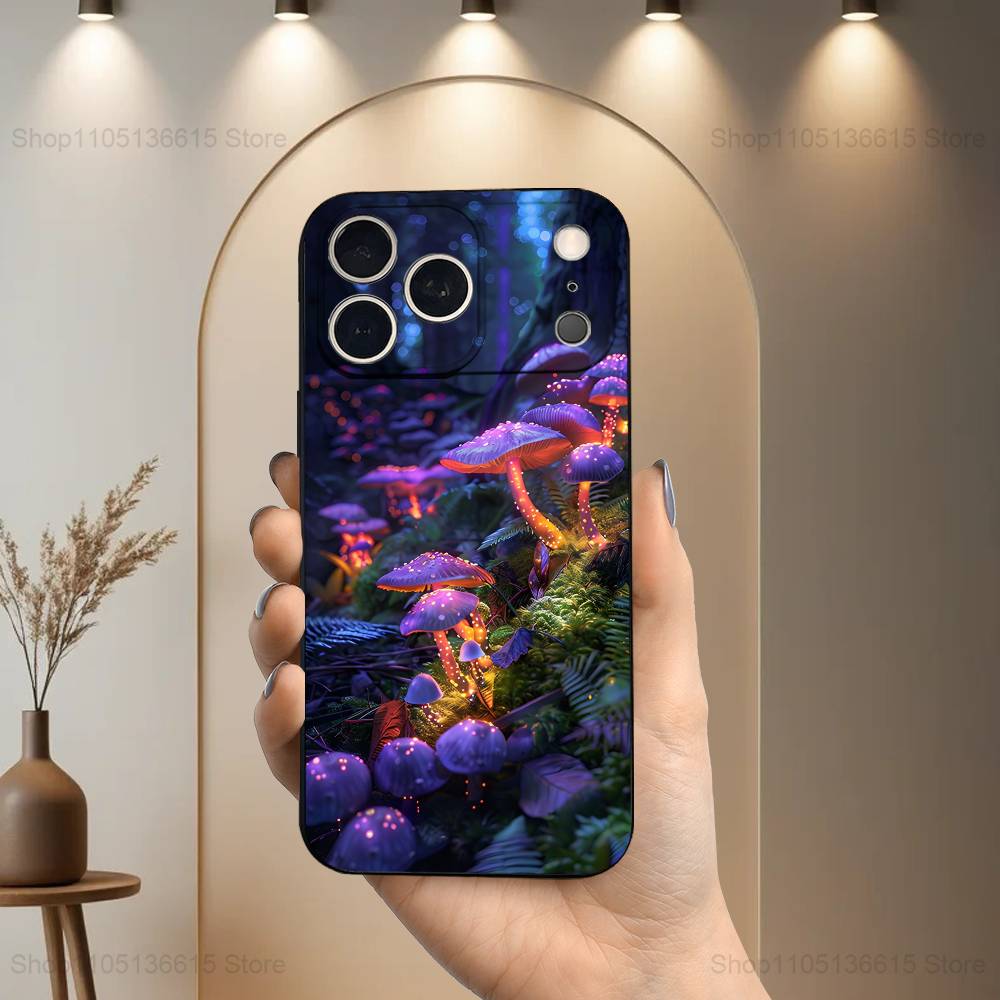 Trippy Plant Mushroom Case For iPhone 12,14,15,16,17,13,11,X,Mini,Plus,Pro Max,8,7,XR,SE,XS,Soft Silicone Black