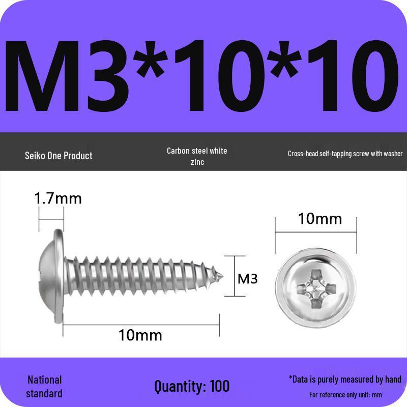 PWA Nickel-Plated Carbon Steel Self-Tapping Screws with Washer, White Zinc Cross Head, Pointed Tail, Sizes: 1.6/1.8/2/2.5
