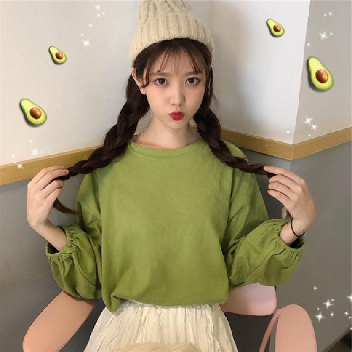 Women's 2024 Autumn Lantern Sleeve Loose Pullover T-Shirt - Solid Color Trendy Style