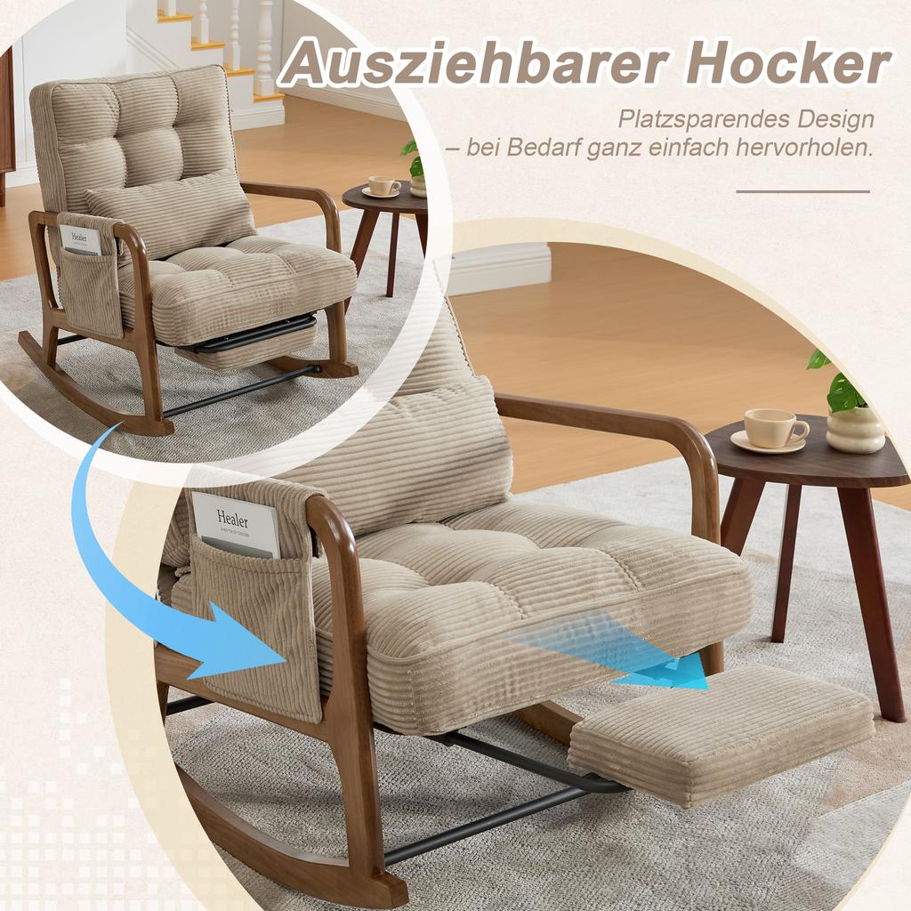 Modern Rocking Chair with Footrest, Lumbar Pillow & Adjustable Backrest – for Living Room, Bedroom & Children's Room (Khaki Corduroy)