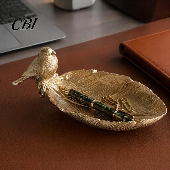 Resin Trinket Tray Elegant Bird Leaf Shaped Dish, Jewelry Tray, Vintage Gold Ring Tabletop Storage Holder for Nightstand Dresser, Small Decorative