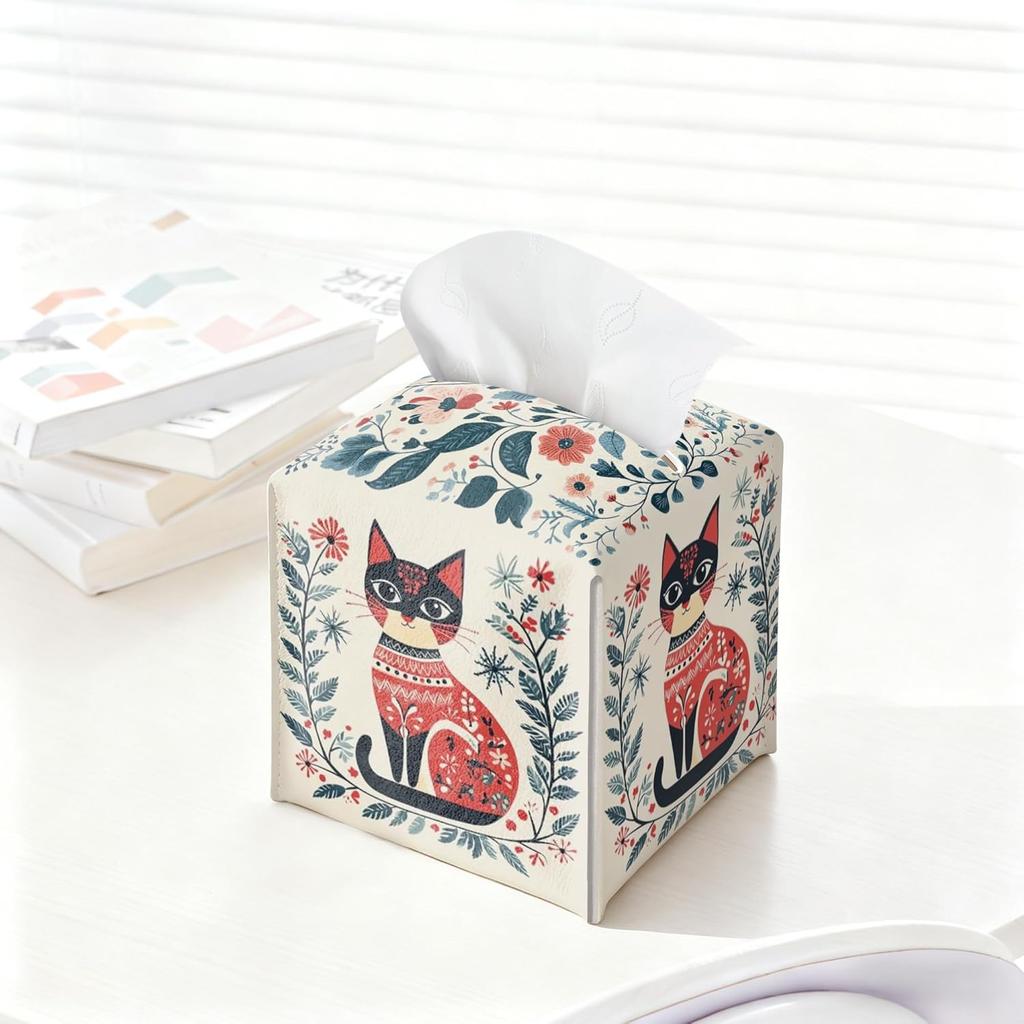 Cat Tissue Box Holder, Nordic Cat Leather Tissue Box Cover Square, Paper Napk Everyday Dispenser Accessories for Bathroom Vanity Countertop Night