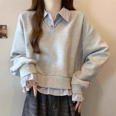 Striped Shirt with Polo Collar Navy Blue Long-sleeved Sweatshirt for Women Two-piece Autumn Winter Tops