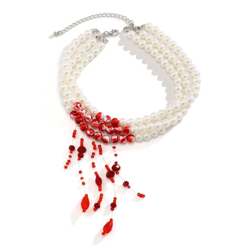 Vintage Red Blood Pattern Necklace for Women Multilayer Pearl Crystal Bead Pendant Necklaces Gothic Halloween Accessories
