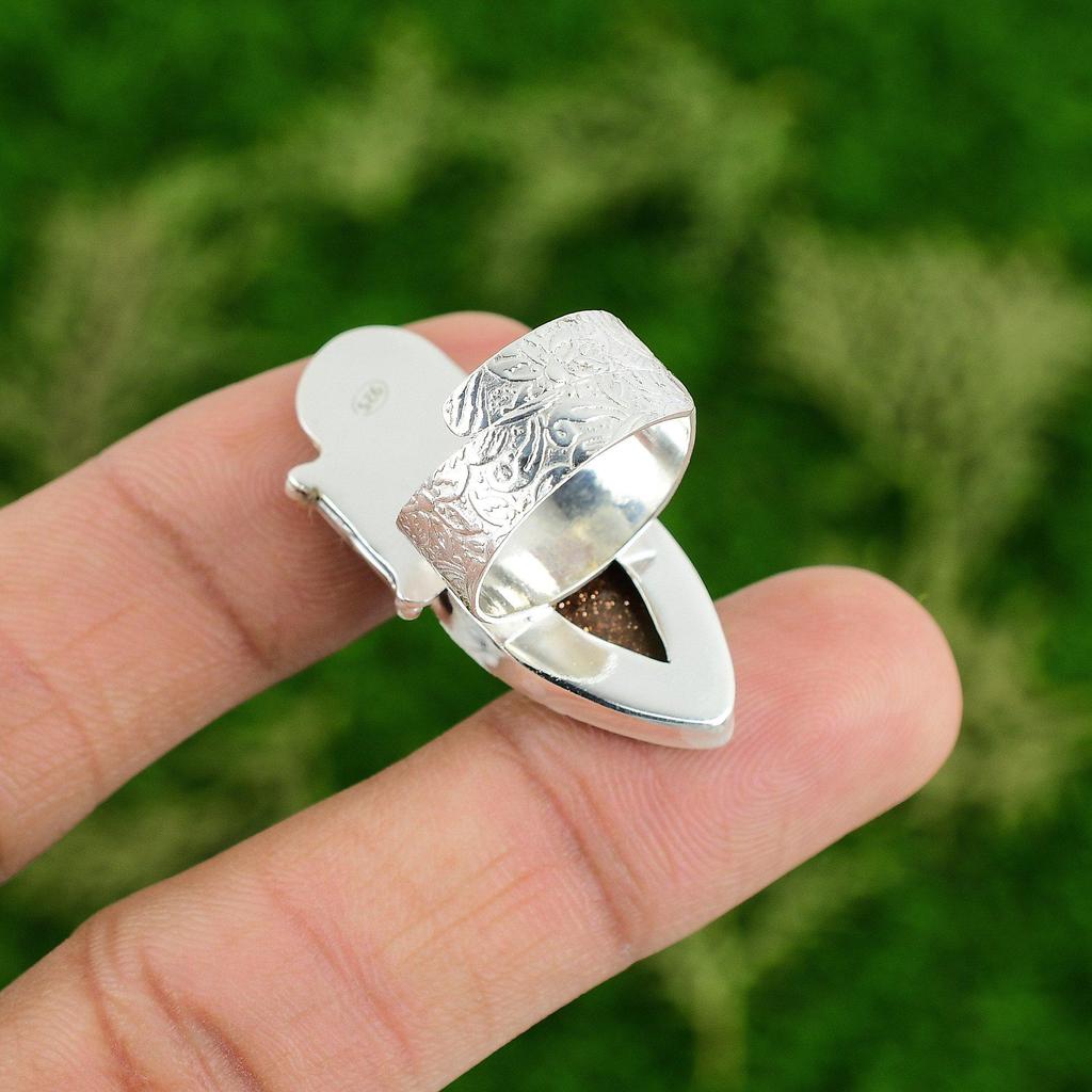 Natural Sunstone Gemstone Statement Skull And Bone Adjustable Ring 925 Silver