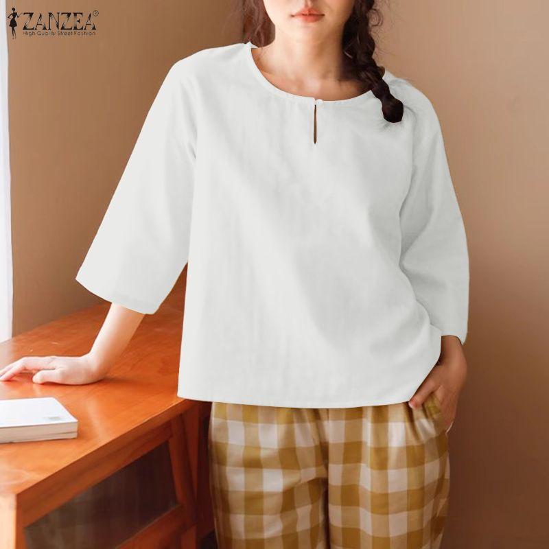 ZANZEA Women Casual Round Neck Solid Color 3/4 Sleeve Blouse