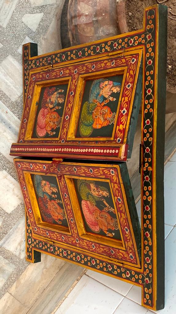 Painted Jharokha Wooden Frame: Antique Hindu God Ganesha Wall Decor