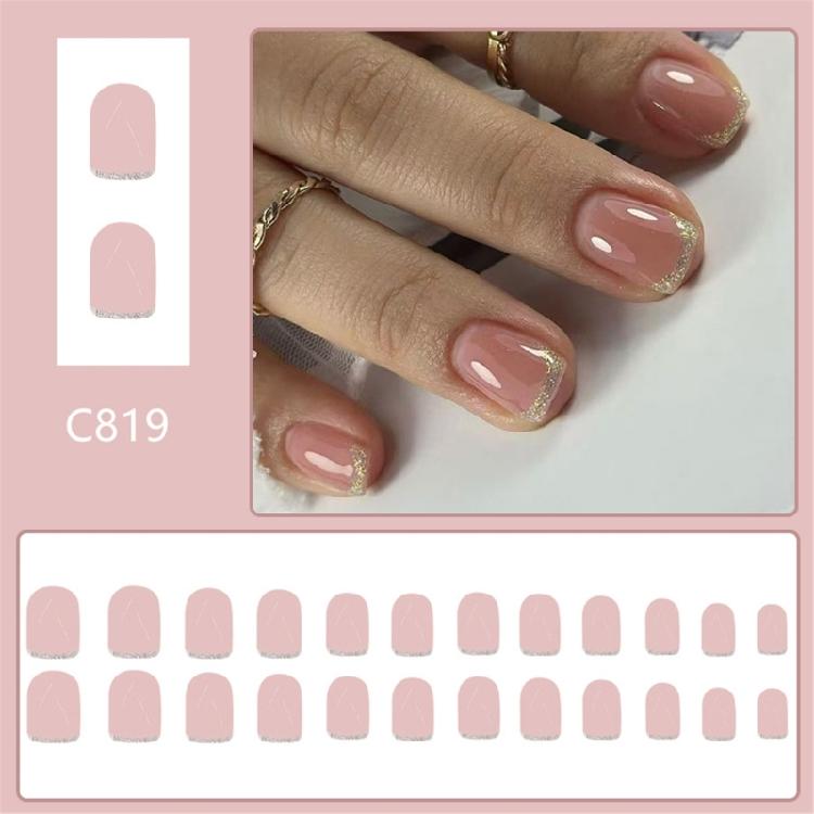 24x French Tip Full Cover False Nail Glittering Press On Nail Short Square Stick On Nail Acrylic Nail for Daily