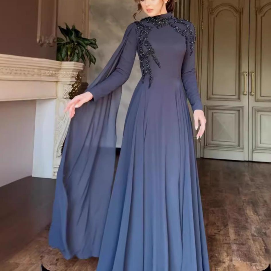 European & American High Neck Shawl Rhinestone Plus Size Slimming Dress