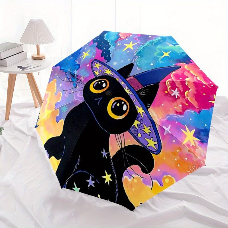 1pc Witch Cat Automatic Open/close Umbrella, 8-Rib sturdy structure, Portable Travel Umbrella, Parties, Everyday Use, Outdoor Accessory, Art