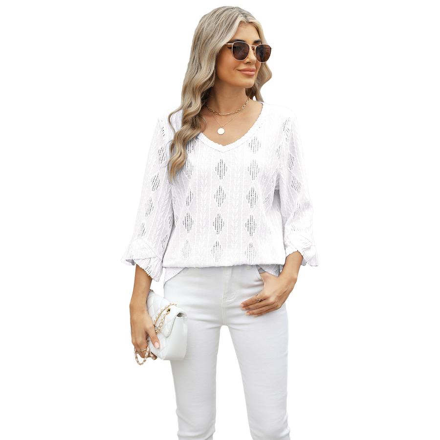 New Summer V-Neck Diamond Lattice Hollow Lace Ruffle Sleeve Loose T-Shirt for Women