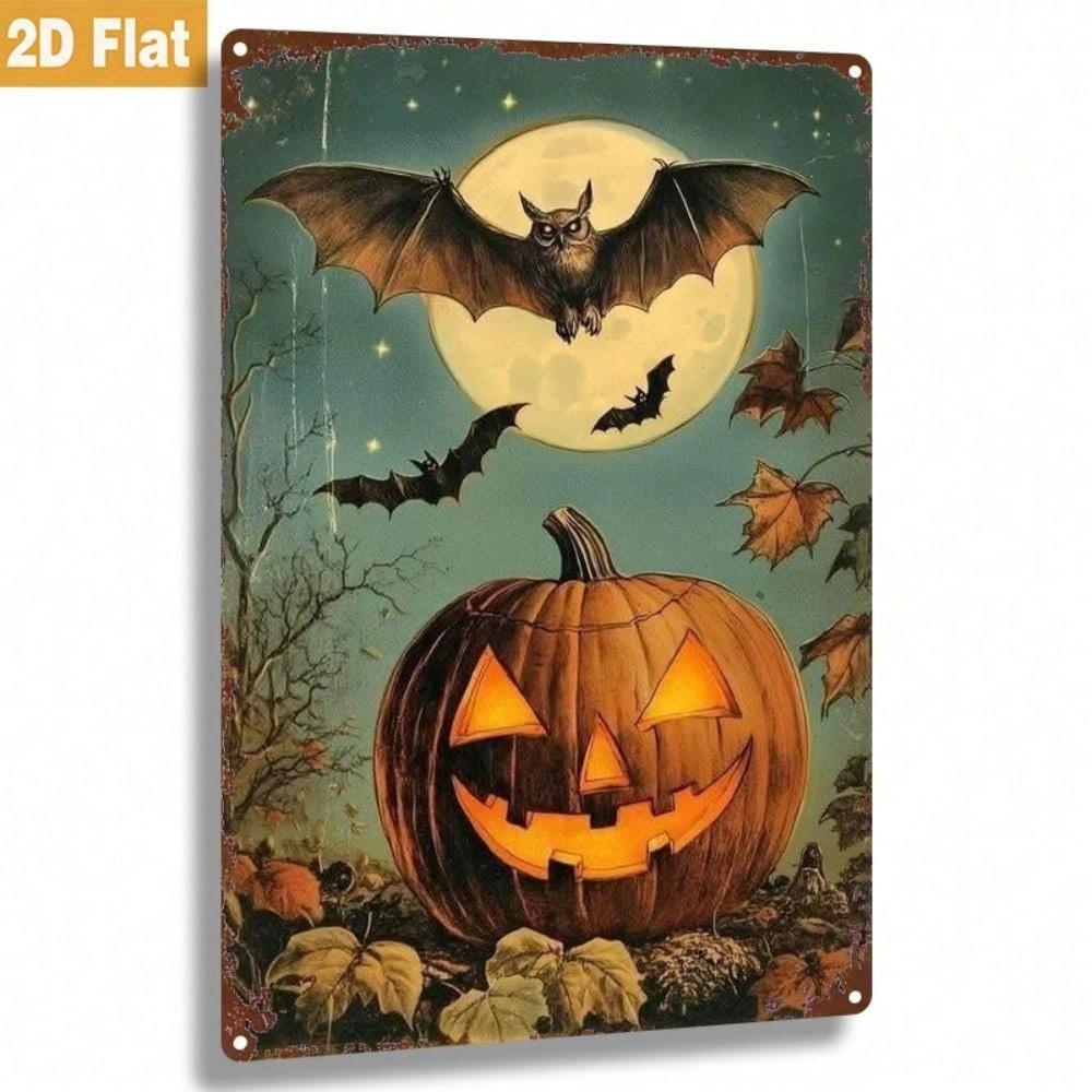 Generic 1Pc Halloween Pumpkin & Bats 2D Flat Vintage Metal Tin Sign 8×12 Inch, Waterproof Rust-Proof Wall Art Decor