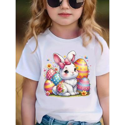 T-Shirt Colorida de Coelho da Páscoa para Meninas - Tamanhos Europeus - Adorável Camiseta Branca com Coelho Fofo de Orelhas Rosas, Laço,