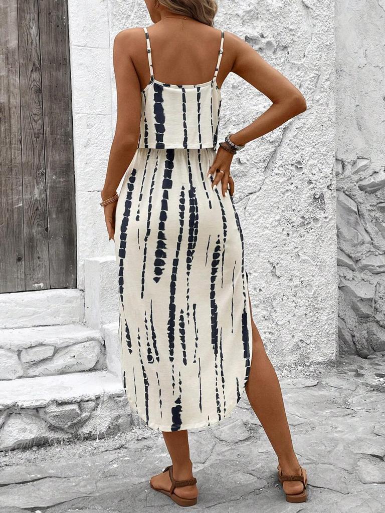 Strappy Printed Dress - Elegant Ink Silk Gauze for Commute and Casual Wear