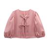 2025 Spring European & American Style Women's Satin Puff Sleeve Bow Top