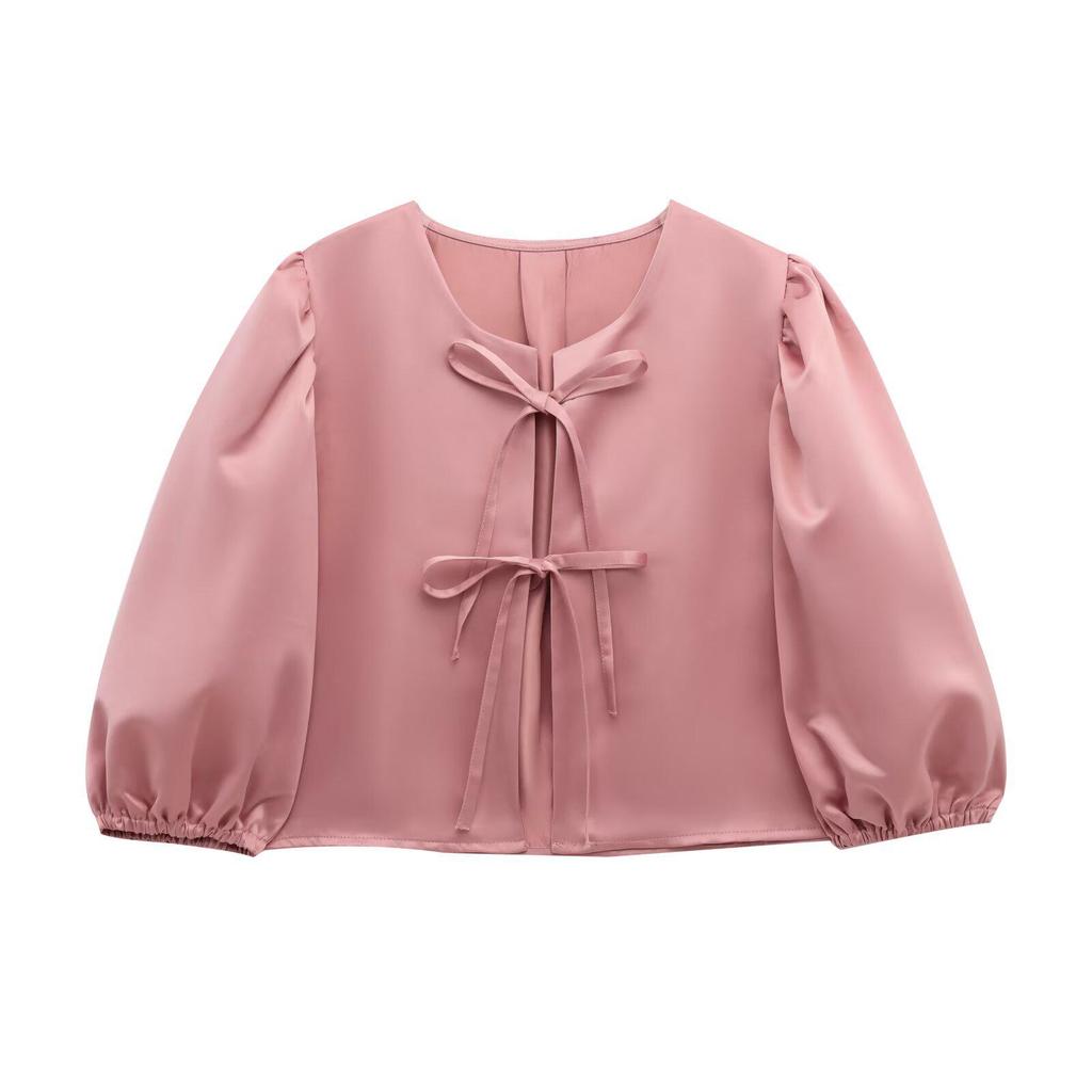 2025 Spring European & American Style Women's Satin Puff Sleeve Bow Top