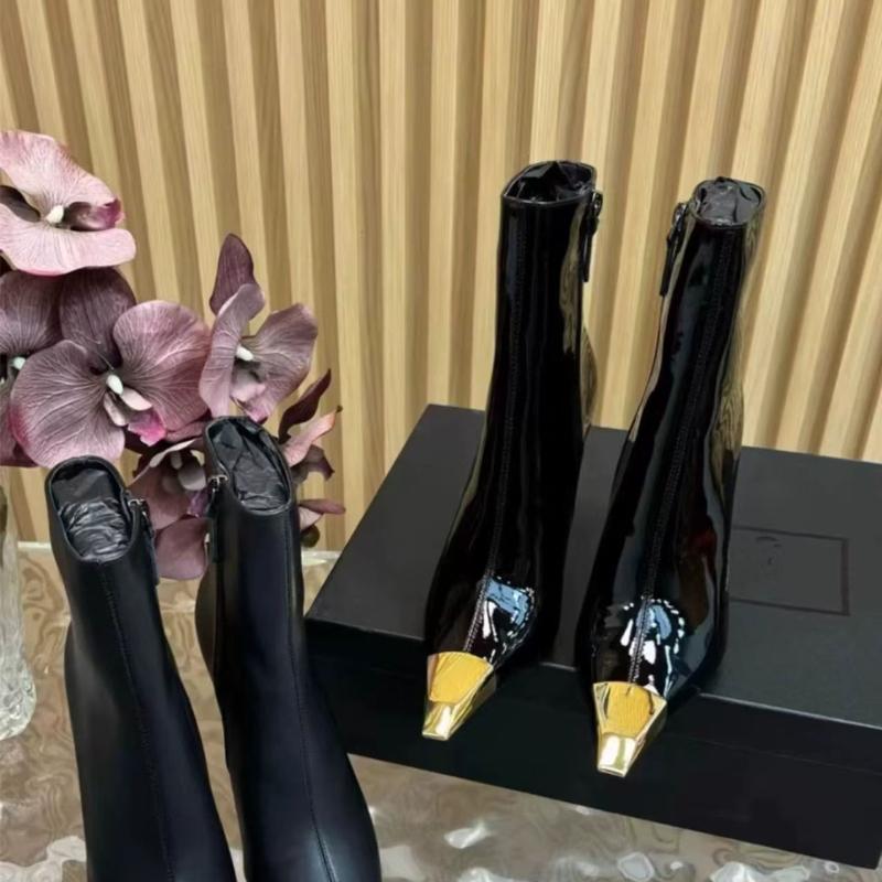 Women's Metal Pointed Stiletto Heel Ankle Boots Side Zipper Autumn Winter Slim Black Chunky Boots