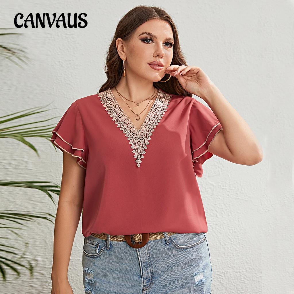 Letnia koszula damska plus size z koronką, dekolt V, luźna, z krótkim rękawem