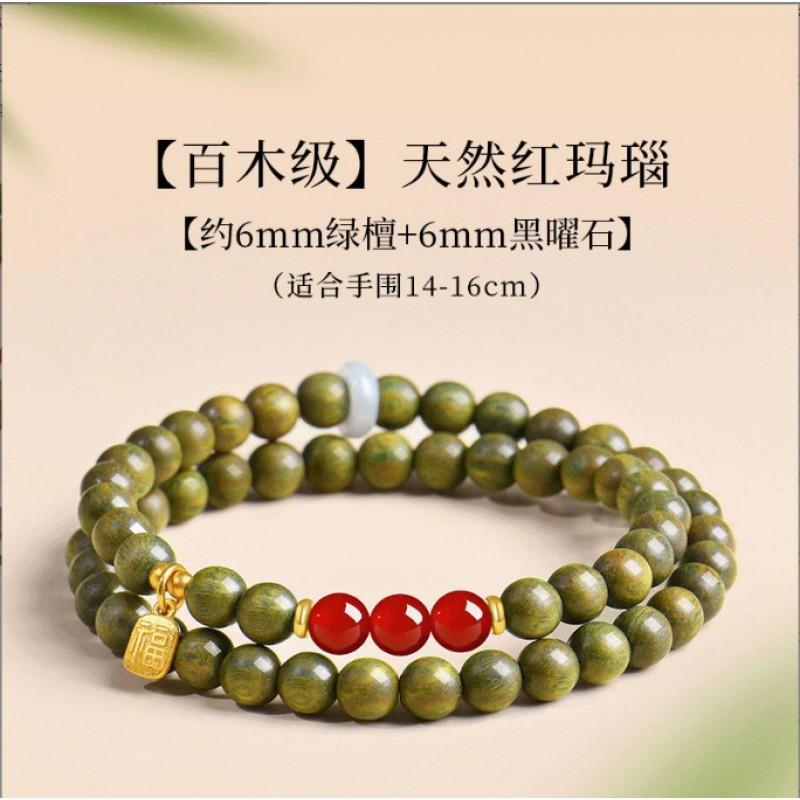 Natural Green Sandalwood Bead Bracelet With Hetian Jade 6mm Round Womens Unisex Wooden Prayer Beads Handcrafted