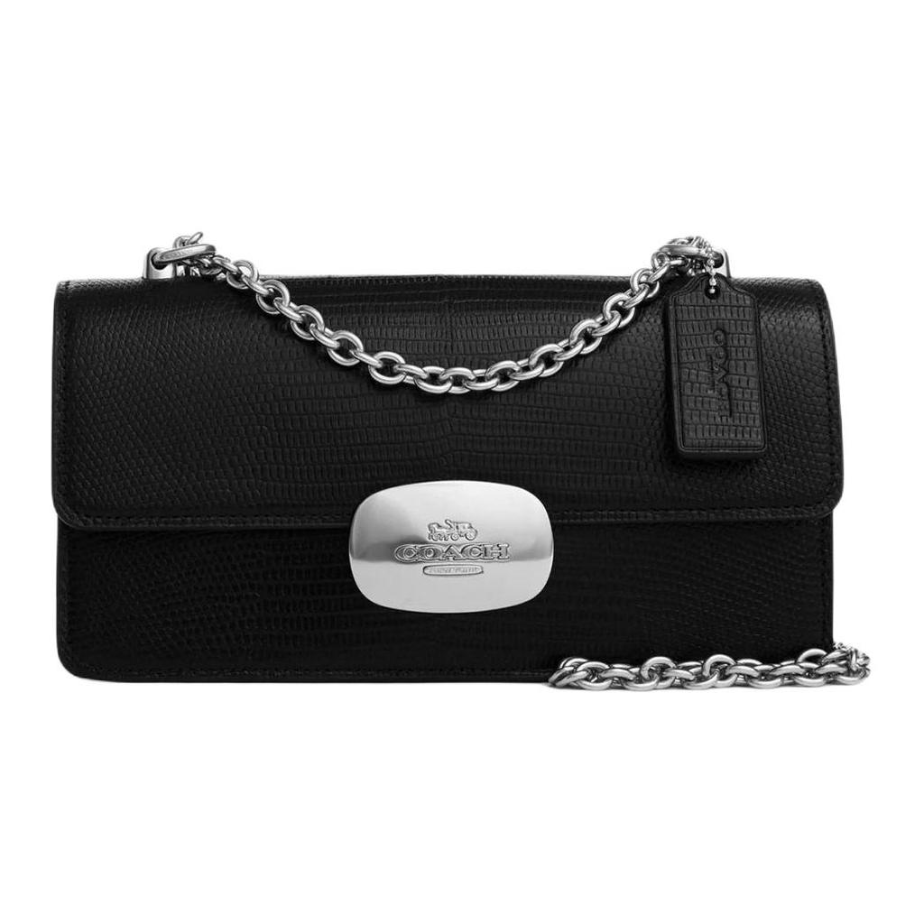 Coach Eliza 22 Flap Chain Shoulder Bag Lizard Embossed Leather Small Women shoulder bag Silver Black CR106-SVBK