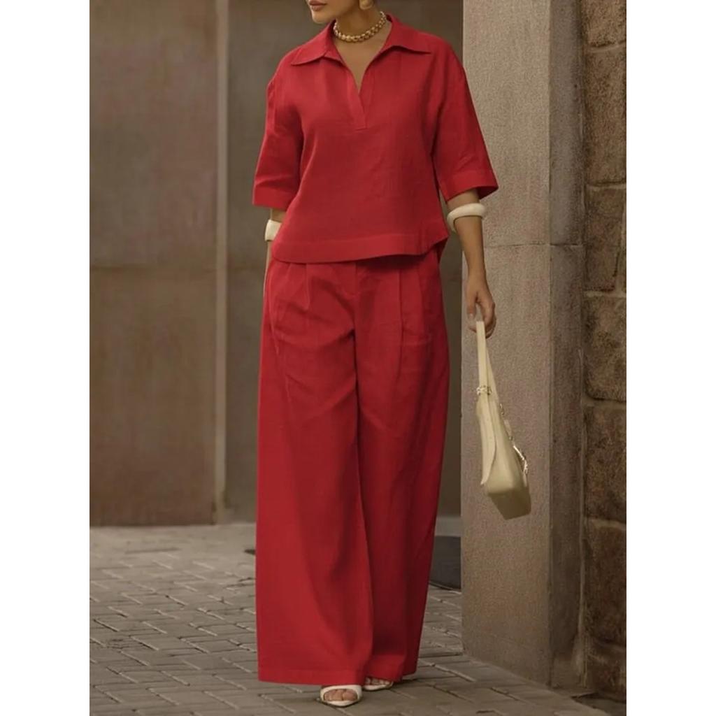 Women's Loose Two Piece Matching Suit Three Quarter Sleeve Polo Collar Blouse High Waist Wide Leg Pant Set