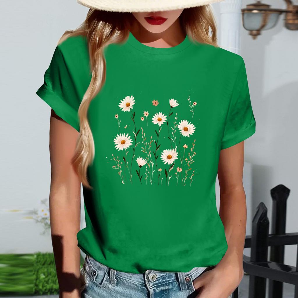 Damski modny T-shirt z krótkim rękawem z okrągłym dekoltem i casualowym nadrukiem retro