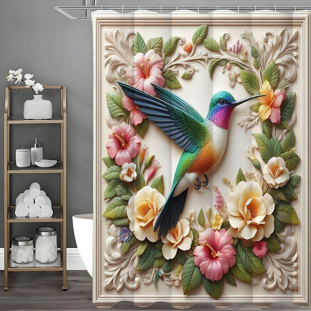 

Весенняя Цветочная Ботаническая Шторка для Душа с Колибри, Декоративная Шторка для Душа для Ванной Комнаты, Водонепроницаемая Шторка для Душа с Крючками 90*180cm