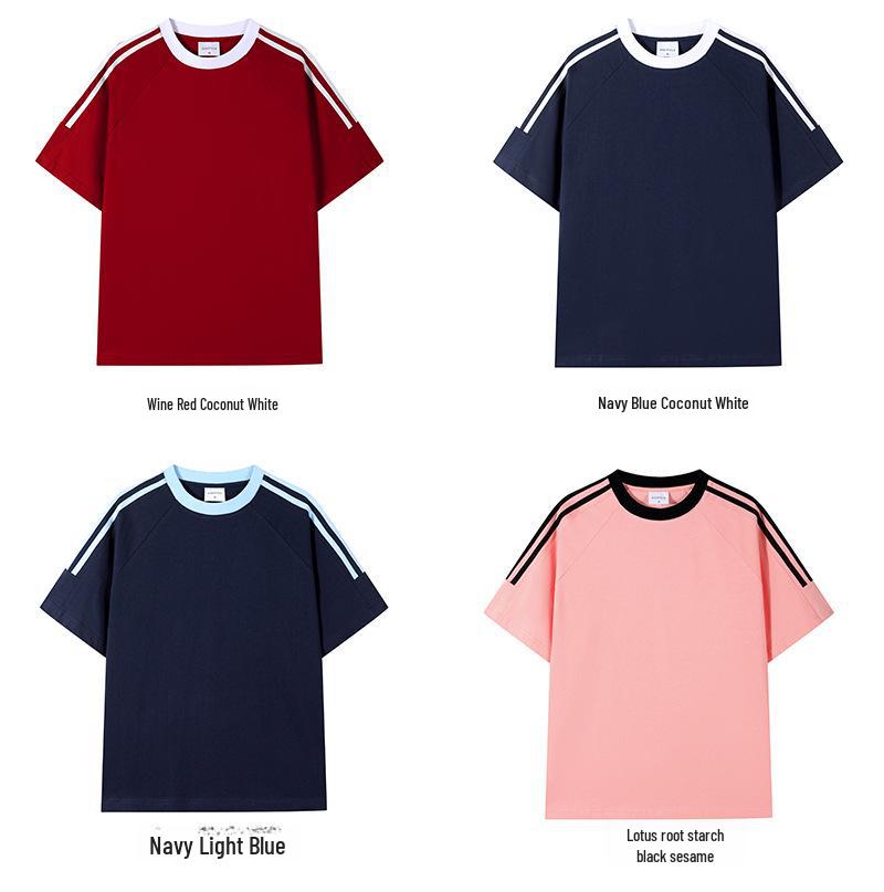 Unisex Solid Color Heavy Duty Combed Cotton T-Shirt, American Sports Style, Short-Sleeve with Three-Bar Ribbon, Summer Attire