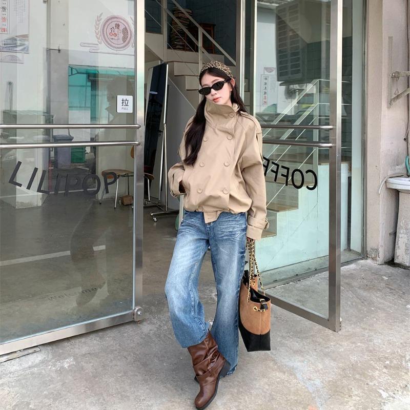 Damen Zweireihiger Stehkragen Kurzer Trenchcoat Britischer Stil Cropped Jacke